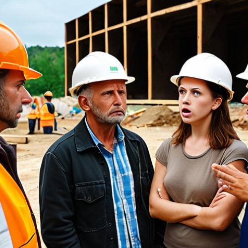 **Community Meeting: Active Listening.** A scene depicting a concerned group of local residents (potentially near a construction site) engaging with an environmentalist. Focus on facial expressions showing empathy and understanding on the part of the environmentalist. The setting should evoke a sense of trust and open communication.