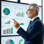 A professional ecologist-manager, a man in a modest business suit, standing in a modern, high-tech office. He is looking intently at a large transparent digital screen displaying complex environmental data, global climate models, and circular economy flowcharts. The background shows a subtle, blurred view of a sustainable urban landscape. The image conveys strategic thinking and the synthesis of science and business for effective decision-making. fully clothed, appropriate attire, safe for work, perfect anatomy, correct proportions, natural pose, well-formed hands, proper finger count, natural body proportions, professional photography, high quality, appropriate content, family-friendly.