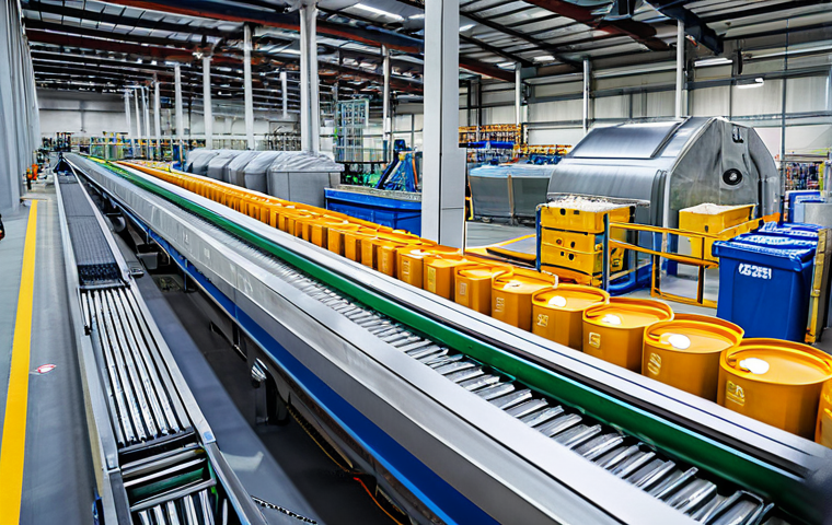 **
"A vibrant, detailed image showcasing a modern recycling facility. Conveyor belts move various materials (plastic bottles, cardboard boxes, aluminum cans) being sorted by advanced robotic arms and human workers in appropriate safety gear. In the background, show processed materials being prepared for reuse. Focus on cleanliness and efficiency. Safe for work, appropriate content, fully clothed, professional, perfect anatomy, natural proportions, high quality, modern technology, sustainable practices."
**