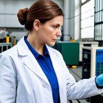 Environmental Audit at a Factory**

"A professional female ecologist in a fully clothed lab coat, inspecting equipment at a modern factory, appropriate attire, safe for work, perfect anatomy, natural proportions, environmental compliance, industrial setting, measuring emissions, data analysis, serious expression, professional photography, high quality, modest clothing, family-friendly."

**