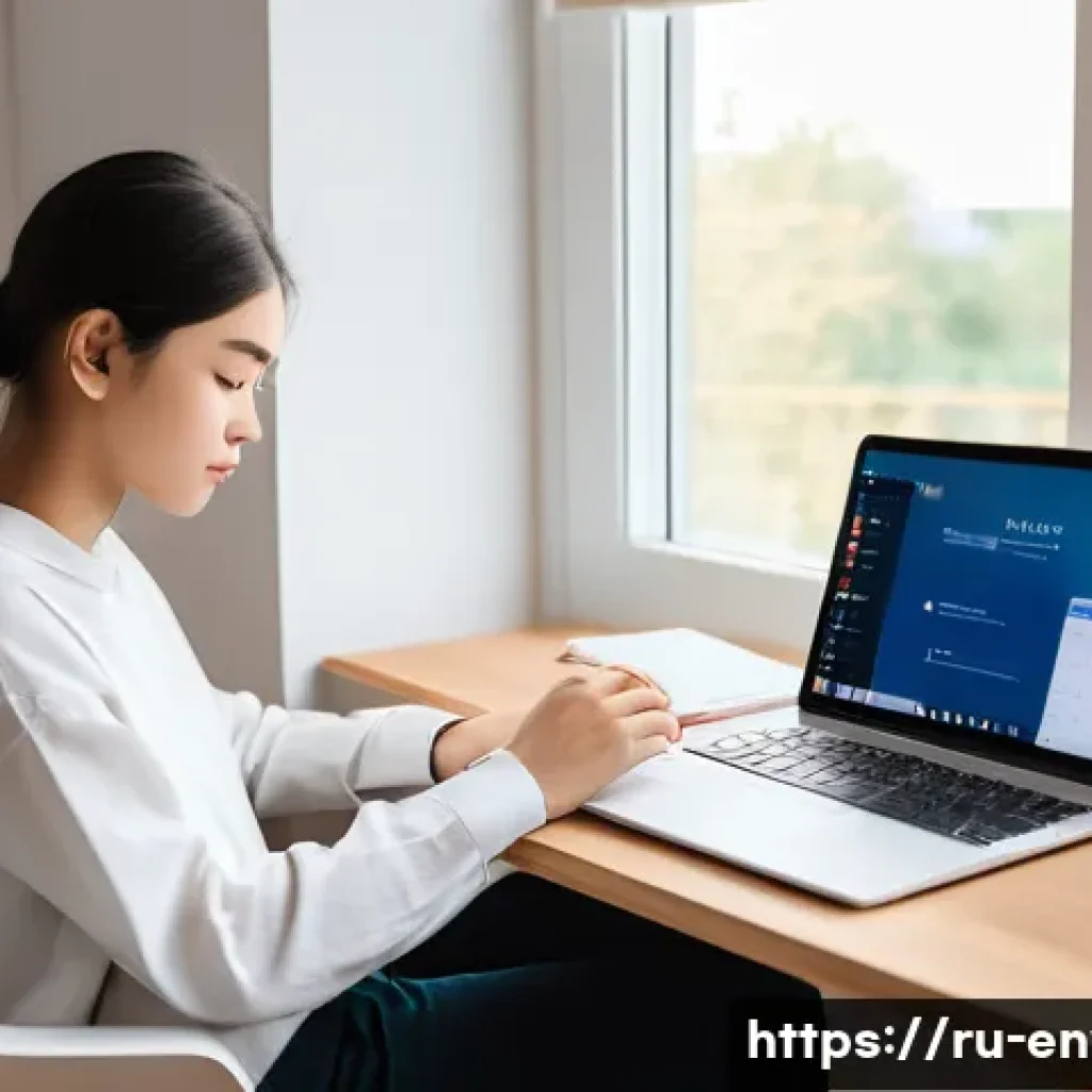 환경관리사 실기 공부법 - A modern study room scene showing a young Russian student sitting at a minimalist desk with a laptop...