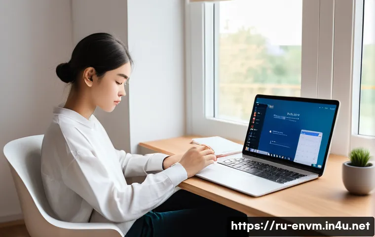 환경관리사 실기 공부법 - A modern study room scene showing a young Russian student sitting at a minimalist desk with a laptop...