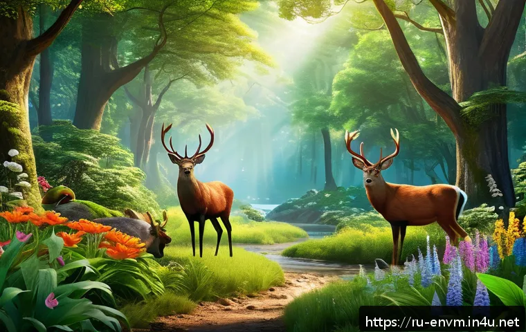 환경관리사 초보를 위한 실기 팁 - A colorful, lush forest scene teeming with diverse flora and fauna to illustrate the concept of biod...