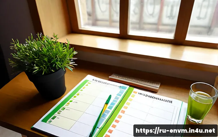 환경관리사 시험 준비 일정 짜기 - Photorealistic overhead view of a Russian adult student creating a structured environmental manageme...